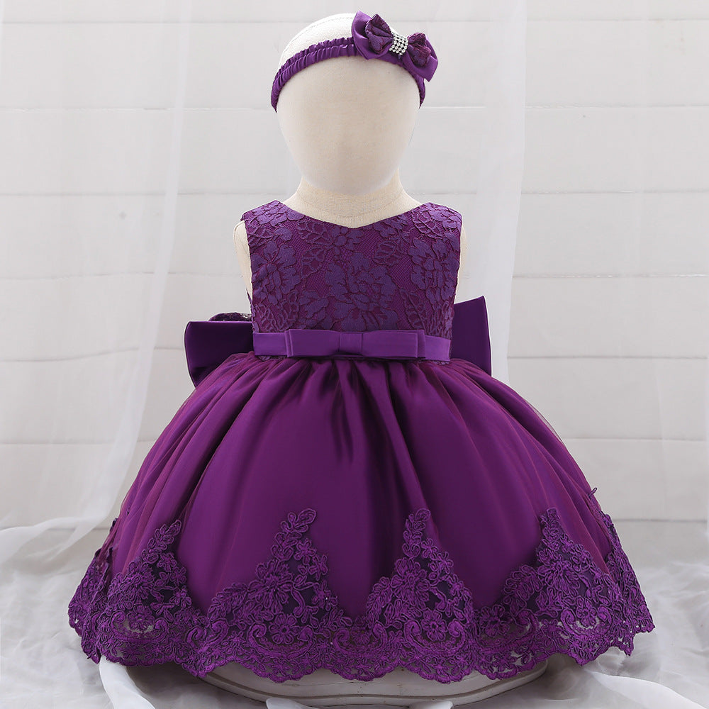 Baby Girl Floral Mesh Overlay Design Princess Full Moon Formal Dress & Headband-5